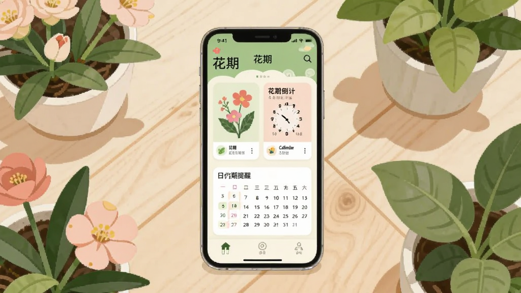 画面中央是一部智能手机,手机屏幕上显示着一款名为“花期”的App界面,界面包含植物卡片、花期倒计时和日历提醒模块,手机周围摆放着几盆盛开的花朵与绿叶植物,背景是明亮柔和的浅色木质桌面,整体采用清新自然的扁平插画风格,细节丰富,色彩以绿色、米白与淡粉为主,画质清晰干净,无多余元素