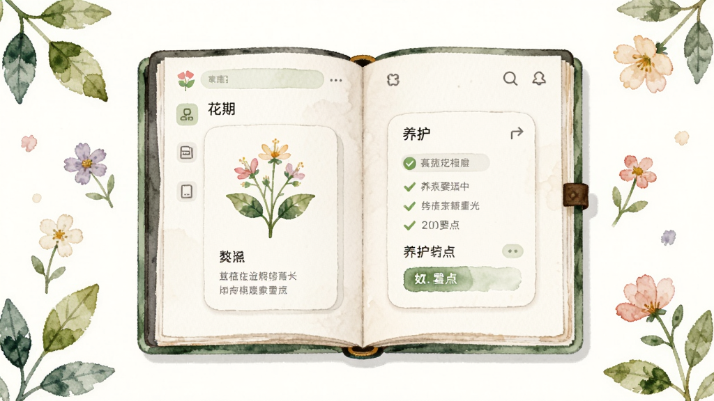 画面中央是一本翻开的电子植物图鉴,书页上显示“花期”应用的知识卡片界面,卡片上有植物插画和养护要点文字,周围点缀着叶片与小花,整体风格为柔和的手绘水彩风,布局居中对称,画质细腻干净,无杂乱背景