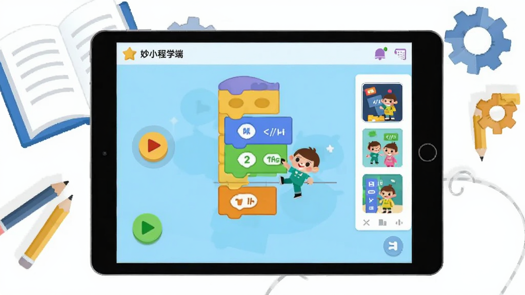一张展示青少年编程学习场景的插画,画面中央是一台平板电脑,屏幕上呈现妙小程学生端的图形化编程界面,带有积木式代码块和卡通角色,周围环绕着书本、铅笔、齿轮等学习元素,布局为居中构图,风格清新扁平化,细节包括屏幕上的运行按钮和作品缩略图,画质清晰干净,无多余装饰元素