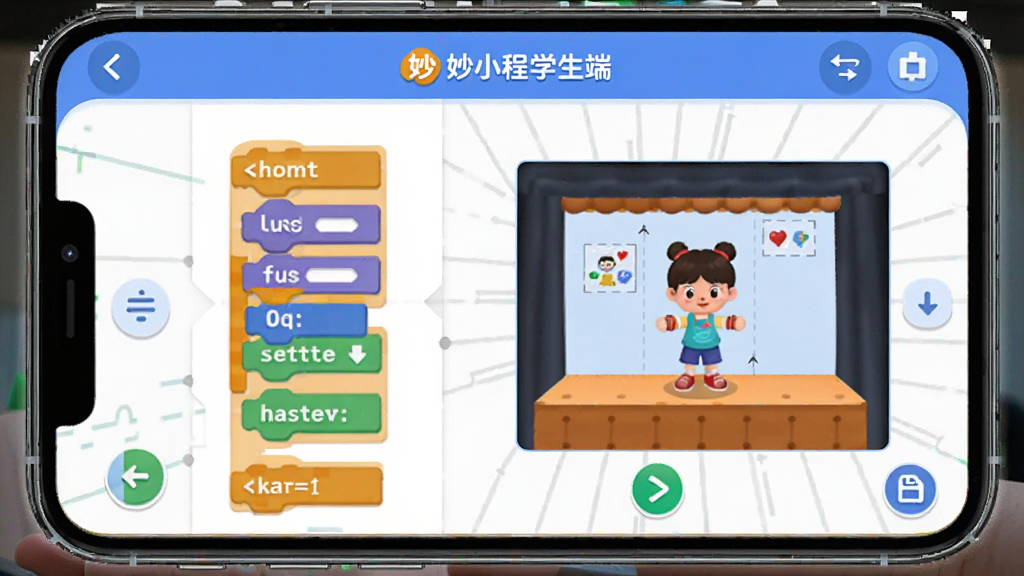 妙小程学生端功能界面展示图,画面主体为手机屏幕中的积木编程编辑区,左侧是彩色代码块分类栏,右侧是角色舞台预览窗口,屏幕上方显示妙小程学生端名称标识,布局为左右分栏,风格简洁科技感,细节包含运行按钮和保存图标,画质高清干净,无杂乱背景元素