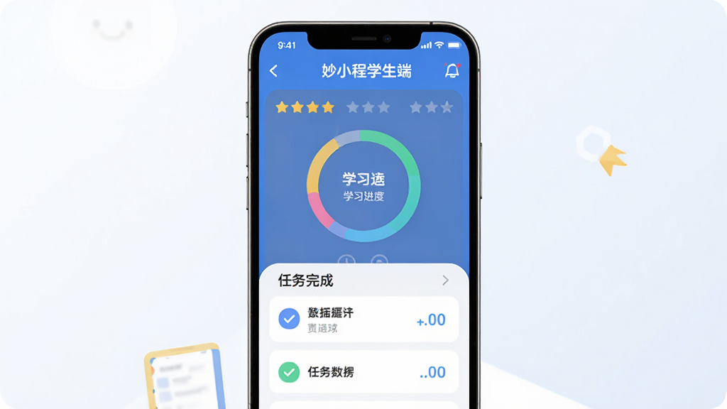 妙小程学生端学习数据页面示意图,画面中央为手机界面,显示学习进度环形图和任务完成列表,顶部有妙小程学生端字样,布局为上下结构,风格清爽明亮,细节包括星级评价图标和数据统计卡片,画质清晰干净,无多余装饰