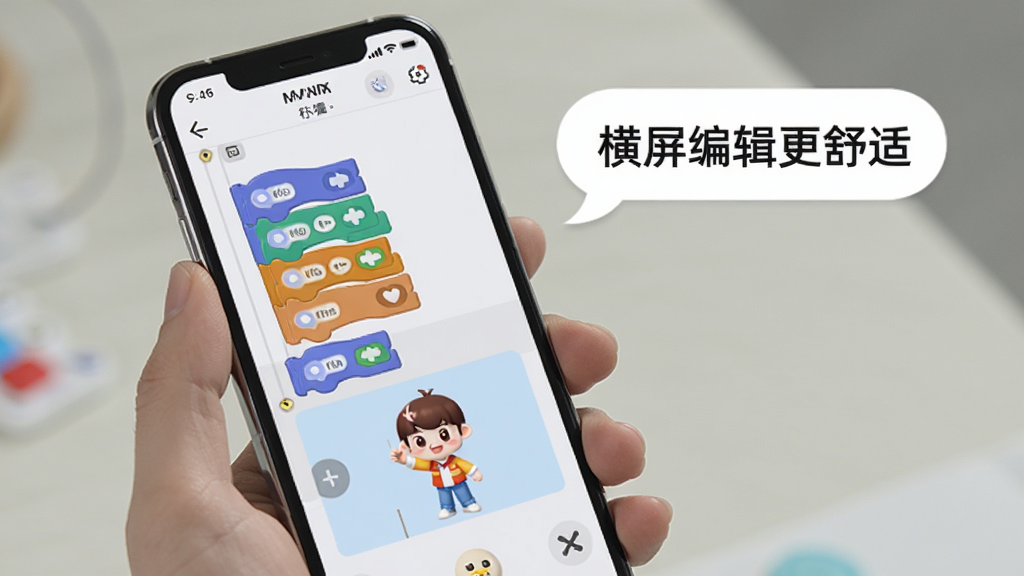 妙小程学生端移动端操作示意图,画面为一只手握持手机,屏幕显示积木编程编辑界面和运行效果,手机旁有提示气泡标注“横屏编辑更舒适”,布局为手持特写加气泡说明,风格生活化简洁,细节包括屏幕上的代码块和角色动画,画质清晰干净,无多余背景