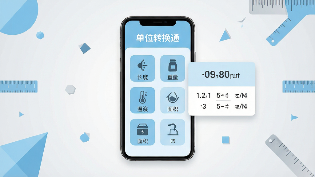 画面中央是一部智能手机竖屏展示单位转换通应用主界面,界面为浅蓝色调,顶部写着单位转换通,中部排列长度、重量、温度、面积等分类图标,右侧悬浮一个换算结果卡片显示数字和单位,背景为干净浅灰渐变,周围点缀少量几何图形与刻度尺元素,整体布局居中对称,风格为现代扁平化UI展示,细节清晰、图标锐利、文字工整,画质高清干净无多余元素