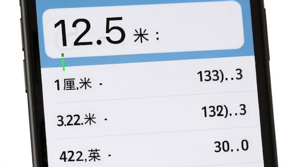 画面展示单位转换通应用内实时换算界面,手机屏幕上半部分为输入框显示数字12.5与单位米,下半部分为结果列表显示对应厘米、英尺、英寸等换算值,数字清晰醒目,布局为上下结构,风格为现代简洁UI,细节包括光标闪烁效果、小数点对齐、浅色分割线,画质高清干净无多余元素