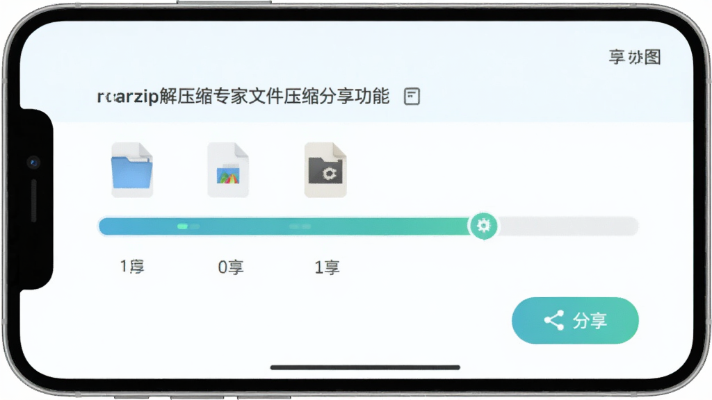 rarzip解压缩专家文件压缩分享功能示意图,主体为手机屏幕展示文件打包进度条,布局为横向进度展示,排版直观,风格为清新浅色风,细节包含文件图标和分享按钮,画质干净,无多余元素