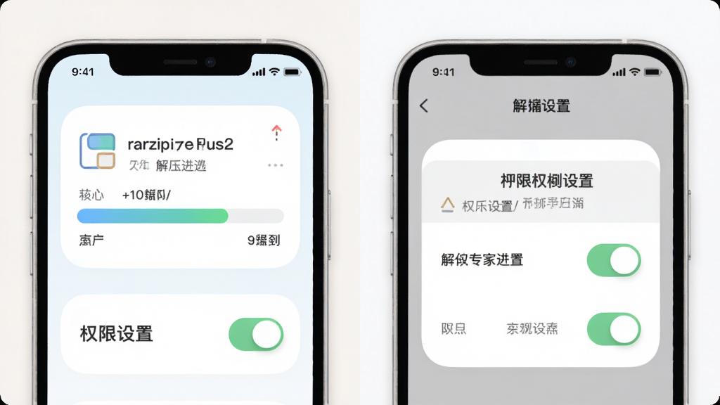 rarzip解压缩专家新手使用场景示意图,主体为手机屏幕展示解压进度和权限设置界面,布局为左右分栏展示两个手机画面,排版清晰,风格为柔和圆角风,细节包含进度条和权限开关,画质干净,无多余元素