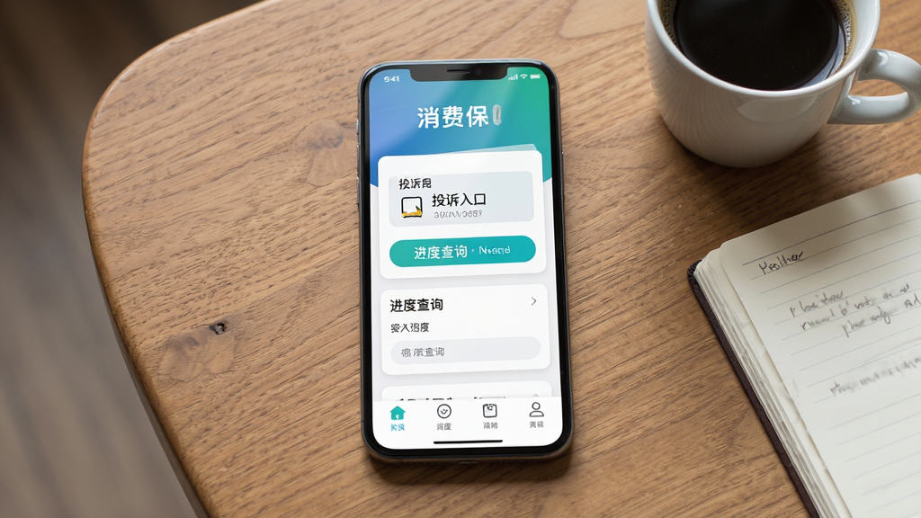画面主体是一部智能手机,屏幕上显示消费保应用的首页界面,界面中有投诉入口和进度查询模块;手机放置在木质桌面上,旁边有一杯咖啡和一本记事本;整体布局为居中构图,手机占画面主要位置;风格为清新写实的数码产品展示风;细节上屏幕反光自然,界面文字清晰可见,桌面纹理真实;画质为高清4K,画面干净整洁,无多余杂乱元素。