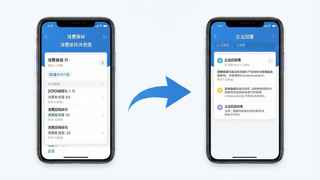 画面主体是两部手机并排展示,左侧手机显示消费保投诉进度页面,右侧手机显示企业回复界面,中间有箭头连接示意沟通流程;布局为左右对称构图;风格为简洁的商务信息图风格;细节上界面元素清晰,配色以蓝白为主,箭头线条流畅;画质高清,画面干净,无多余文字说明。
