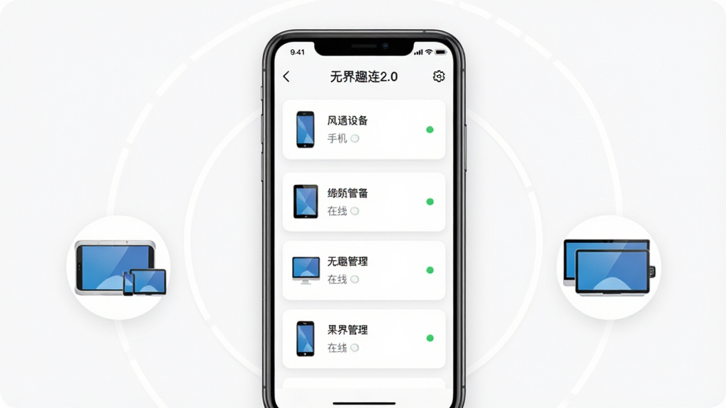 一张展示无界趣连2.0多设备管理界面的示意图,主体是一部手机屏幕显示设备列表页面,布局为居中展示手机界面、周围环绕三台不同设备的小图标形成环形排版,风格为简约现代的UI展示风格,细节包括列表中有手机、平板、电脑三种设备条目、每条显示在线状态圆点、背景为白色带浅灰卡片阴影,画质清晰,画面干净,无多余元素