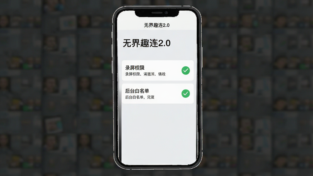 一张表现无界趣连2.0新手设置引导的手机界面示意图,主体是手机屏幕显示权限授予引导页面,布局为手机居中、页面内列出录屏权限和后台白名单两个设置项并带有绿色勾选标记,风格为简洁的UI示意图风格,细节包括页面顶部有软件名称“无界趣连2.0”、设置项旁有说明小字、背景为浅灰白,画质清晰,画面干净,无多余元素