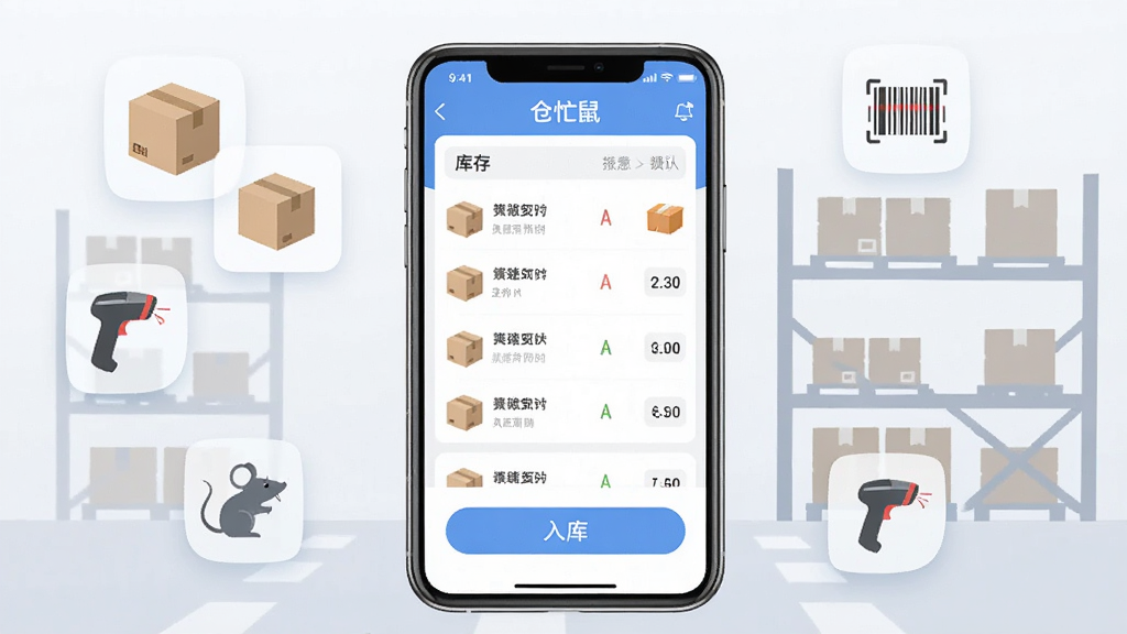 画面主体为一款名为“仓忙鼠”的手机仓储管理应用界面展示,布局采用居中手机正视图搭配四周悬浮的功能图标,排版上手机屏幕内显示库存列表与入库按钮,风格为清爽扁平化科技风,细节包含纸箱、扫码枪、货架剪影等仓储元素,画质清晰干净,无多余装饰元素