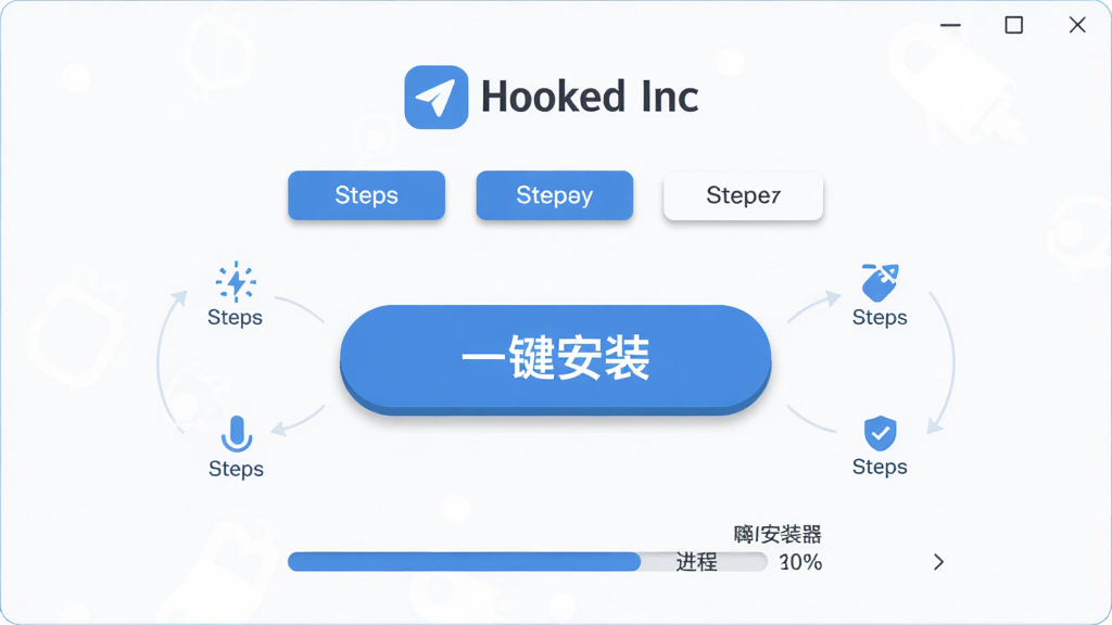 ���壺Hooked Inc��װ��������ʾ��ͼ��չʾ���İ�װ�򵼲��֣����֣������ť��һ����װ������Χ���Ʋ���ָʾͼ�ꣻ�Ű棺���ϵ�������Ϊ����Logo�����ܰ�ť��������������ִ���ƽ����ƣ�������ɫ����ϸ�ڣ���ť������΢��Ӱ����������ʾ�ٷֱȣ����ʣ����塢�ɾ����޶���Ԫ��