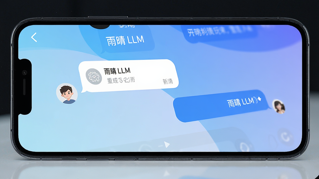一张展示智能手机屏幕的图片,屏幕中显示“雨晴 LLM”的聊天界面,背景是渐变蓝色,界面简洁,有对话框和用户头像,整体风格现代、干净,画质清晰,无多余元素