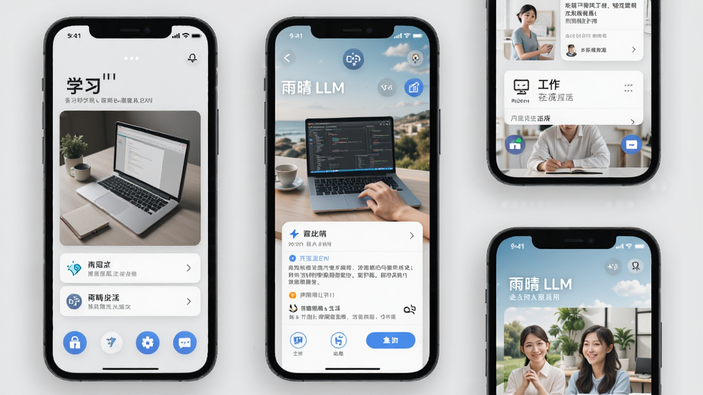 一张展示“雨晴 LLM”多场景应用的图片,主体是多个手机屏幕排列,每个屏幕显示不同的使用场景(学习、工作、生活),背景为浅灰色,布局整齐,风格简约,细节丰富,画质清晰,无多余元素