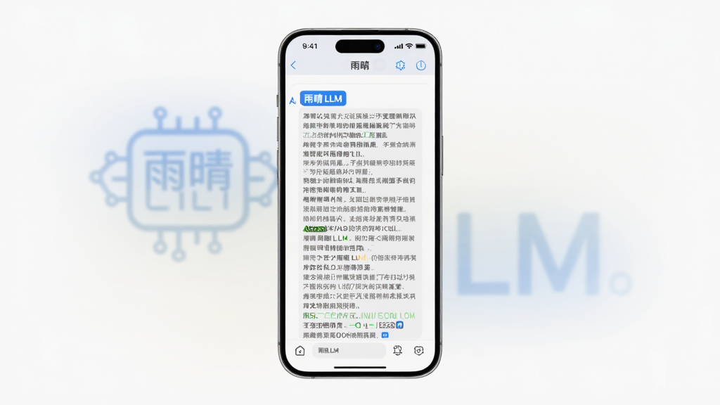 一张展示“雨晴 LLM”应用功能的图片,主体是一个手机屏幕,屏幕中显示AI回复的长文本,背景有柔和的光效,布局以手机为中心,四周留白,风格科技感,细节清晰,画质高,无多余元素