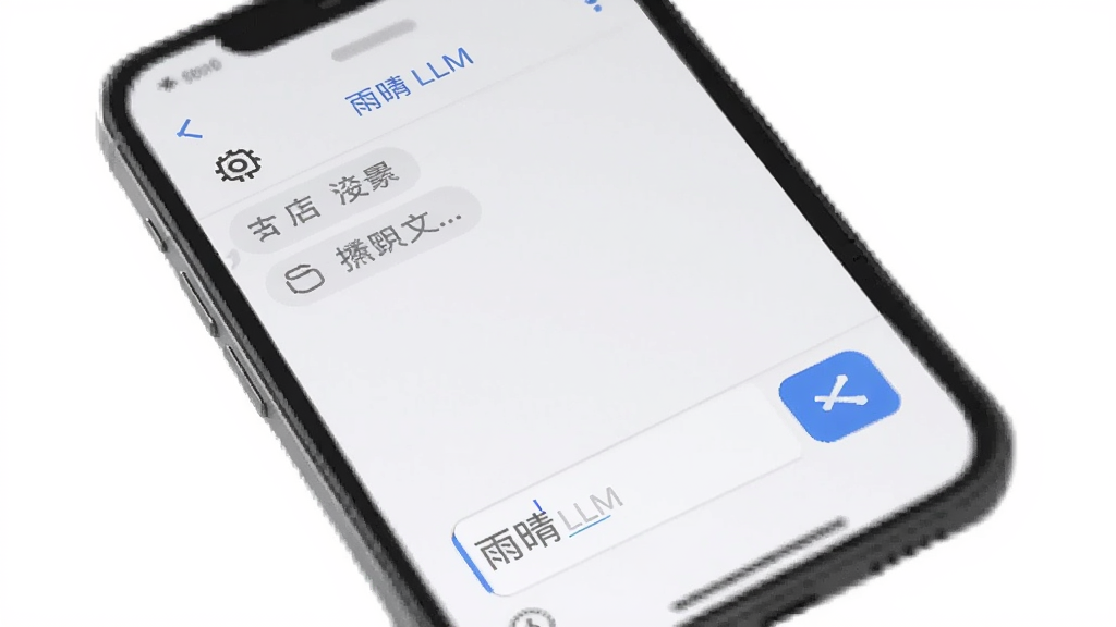 一张展示“雨晴 LLM”使用步骤的图片,主体是手机屏幕,屏幕中显示对话界面,有输入框和发送按钮,旁边有设置图标,背景为白色,布局清晰,风格极简,细节准确,画质高,无多余元素