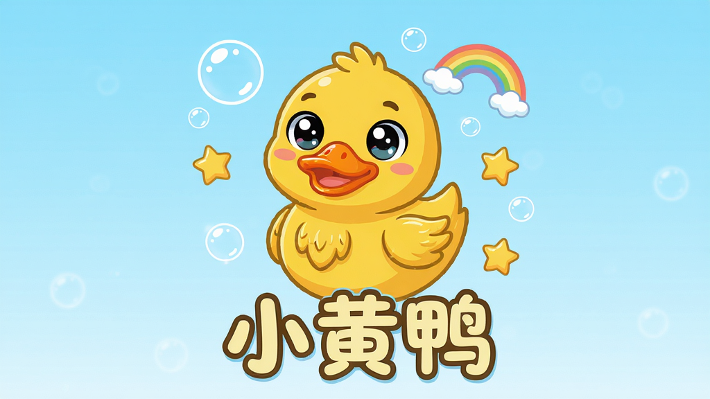 主体:一只可爱的黄色小鸭子卡通形象,圆润的身体,明亮的橙色嘴巴,大眼睛水汪汪,表情俏皮。布局:鸭子位于画面中央,周围有气泡、星星、彩虹等装饰元素。排版:背景为清新的浅蓝色渐变,鸭子下方有“小黄鸭”中文字样,字体圆润可爱。风格:卡通扁平化,色彩明快,线条简洁。细节:鸭子的羽毛纹理清晰,有轻微的光影效果,气泡和星星带有透明质感。画质:高清,干净,无多余元素。