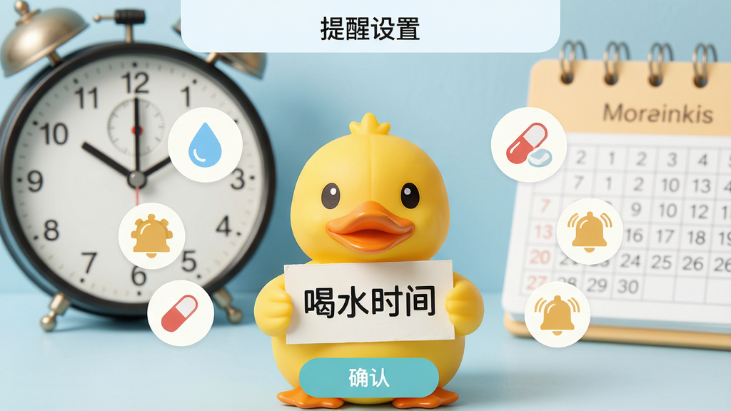 主体:小黄鸭手里拿着一个写着“喝水时间”的小牌子,背景为时钟和日历元素。布局:小黄鸭位于画面中央,周围环绕着提醒事项的图标,如水滴、药丸、铃铛等。排版:画面顶部有“提醒设置”界面,底部有“确认”按钮。风格:简洁清新,色彩柔和。细节:时钟指针指向设定时间,小牌子上的文字清晰可见。画质:高清,干净,无多余元素。