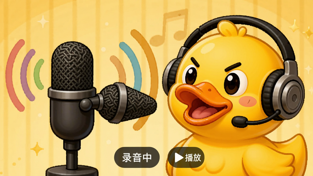 主体:一只小黄鸭对着麦克风说话,麦克风周围有音波扩散效果。布局:麦克风位于画面左侧,小黄鸭位于右侧,背景为暖黄色调。排版:画面下方有“录音中”和“播放”按钮图标。风格:卡通拟人化,小黄鸭戴着耳机,表情认真。细节:音波用彩色圆弧表示,小黄鸭的嘴巴一张一合。画质:高清,干净,无多余元素。