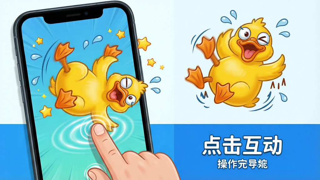 主体:用户手指点击屏幕,屏幕中的小黄鸭做出夸张的翻滚动作,周围有动态的汗水、星星特效。布局:左侧为手机屏幕特写,右侧为小黄鸭动作分解图。排版:画面分为上下两部分,上方展示互动场景,下方标注“点击互动”等操作提示。风格:动态卡通风格,色彩鲜艳,动作流畅。细节:手指点击处有涟漪效果,小黄鸭表情夸张,动作幅度大。画质:高清,干净,无多余元素。