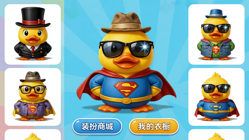 主体:展示小黄鸭的多个装扮造型,如戴礼帽、戴墨镜、穿超人服等。布局:画面中央为一只装扮好的小黄鸭,左右两侧排列其他装扮选项。排版:底部有“装扮商城”和“我的衣橱”按钮。风格:时尚卡通,色彩缤纷,造型多样。细节:每个装扮都有细节展示,如帽子的纹理、墨镜的反光。画质:高清,干净,无多余元素。
