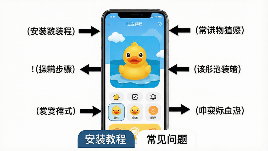 主体:手机屏幕展示小黄鸭应用主界面,周围有操作步骤标注。布局:手机竖屏居中,周围用箭头和文字标注各个功能区域。排版:画面下方有“安装教程”和“常见问题”两个标签。风格:简洁明了,实用性强。细节:标注文字清晰,箭头指向准确。画质:高清,干净,无多余元素。