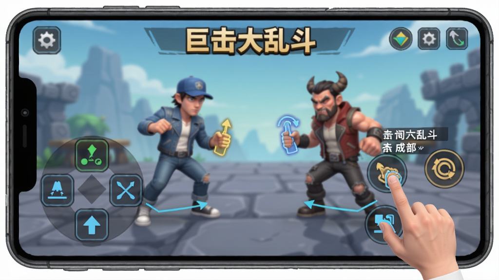 游戏操作界面示意图,展示巨击大乱斗手游版中虚拟按键布局,主体为屏幕上的触控按钮,布局清晰,风格简洁,细节标注了按键功能与手势操作提示,画质干净,无多余元素。