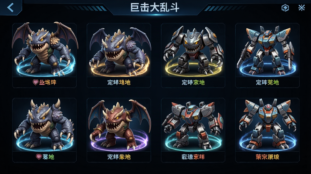 角色选择界面,展示巨击大乱斗手游版中多个形态各异的怪兽与机甲,排列整齐,每个角色下方显示名称与属性,界面采用深色科技风背景,布局规整,细节包括角色模型的高精度纹理与动态光晕,画质清晰,干净,无多余元素。