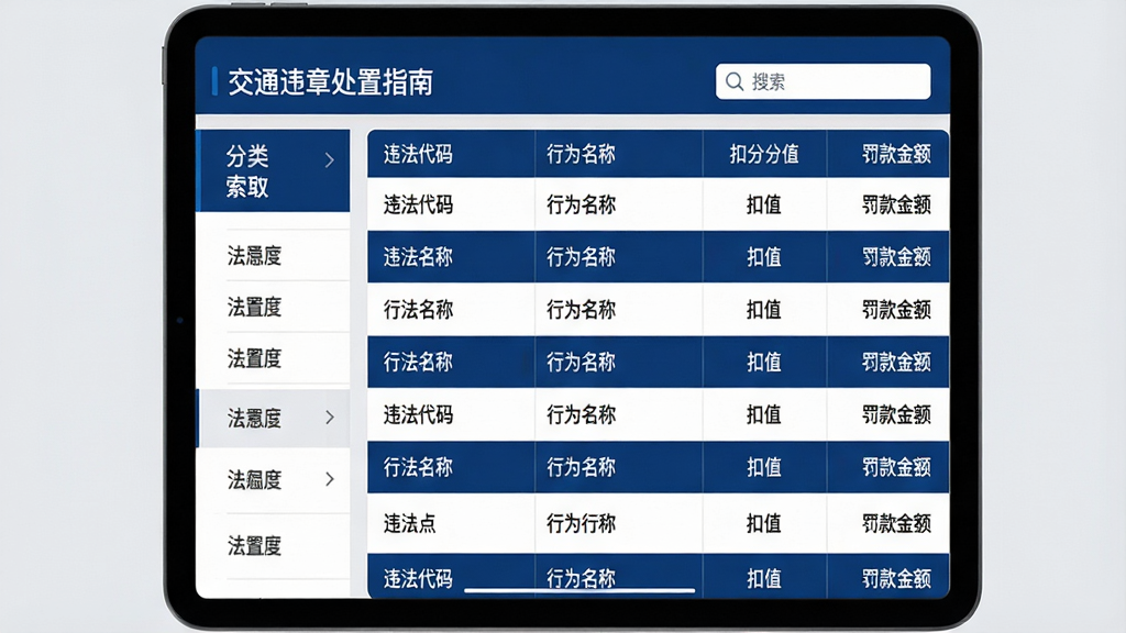 ����Ϊƽ����Ժ���չʾ�������棬���Ϊ�������������Ҳ�Ϊ���������б���ÿ����ʾΥ�����롢��Ϊ���ơ��۷ַ�ֵ���������ɫ���������ɫΪ���������С���ͨΥ�´���ָ�ϡ������������򡣱���Ϊ����ɫ���Ű����룬�����ʽ�Ͻ���ϸ�ڷḻ�����ʸ��壬�ɾ��޶���Ԫ�ء�