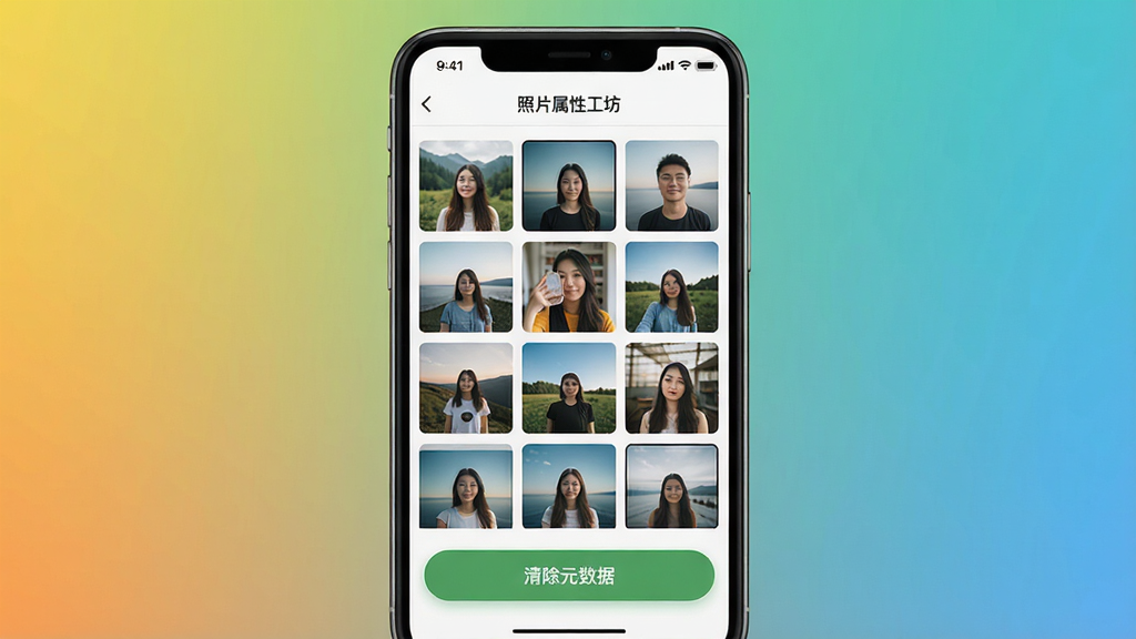 主体:手机屏幕显示照片属性工坊的批量处理界面,多张图片缩略图排列,底部有“清除元数据”按钮,背景为纯色渐变。布局:手机居中,界面元素清晰。排版:缩略图网格状,按钮醒目。风格:简洁、现代。细节:屏幕上有“照片属性工坊”字样。画质:高清,干净。