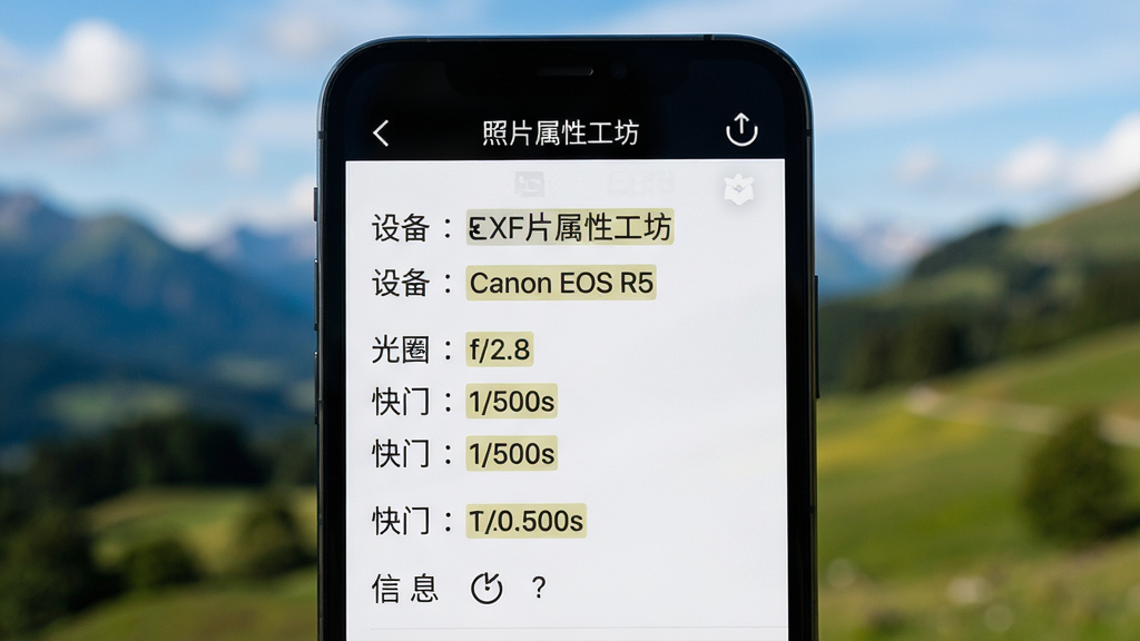 主体:照片属性工坊在手机上显示EXIF信息详情的界面,屏幕中展示“设备:Canon EOS R5”、“光圈:f/2.8”、“快门:1/500s”等文字,背景为一张风景照片。布局:手机占画面主体,屏幕内容清晰,背景照片虚化。排版:信息条目整齐,高亮关键词。风格:写实、明亮、专业。细节:文字必须包含“照片属性工坊”字样。画质:高清,干净,无多余元素。