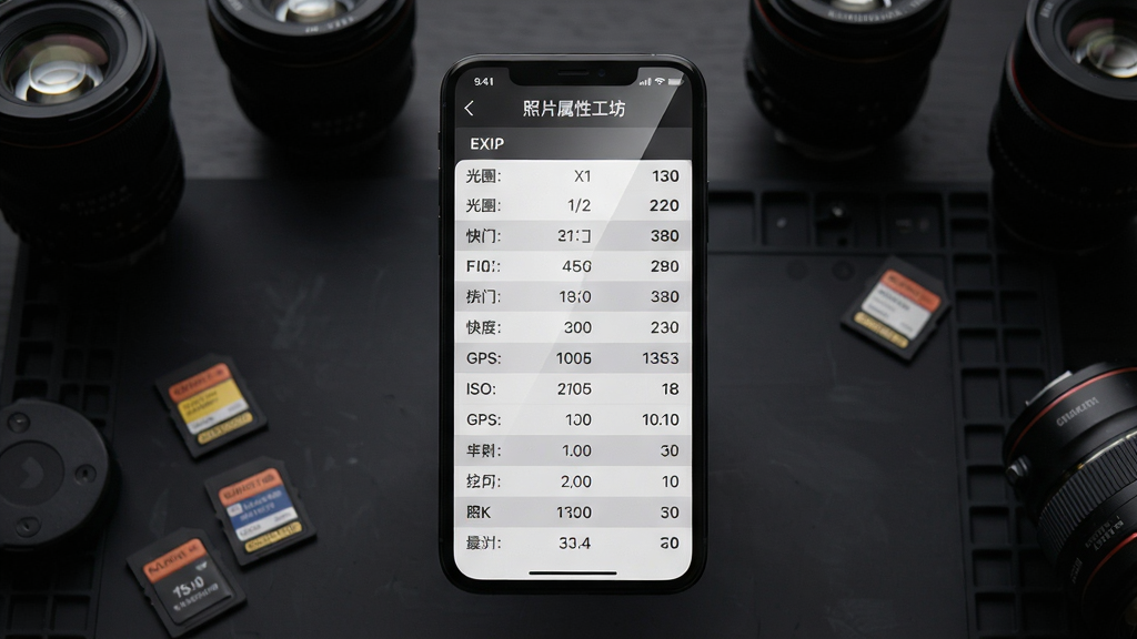 主体:照片属性工坊应用界面展示,手机屏幕中显示清晰的EXIF信息列表,包含光圈、快门、ISO、GPS等参数,背景为深色摄影工作台,周围有相机镜头、存储卡等元素。布局:手机居中,界面细节清晰可见,周围留白适度。排版:信息列表排列整齐,参数文字突出。风格:科技感、专业、简洁。细节:屏幕内文字标注“照片属性工坊”字样,界面高光反射自然。画质:8K超高清,细节丰富,干净无多余元素。