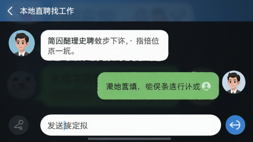 一个“本地直聘找工作”聊天界面,左侧为对方头像和消息气泡,右侧为我方消息气泡,底部有输入框和发送按钮,界面友好,图标清晰,画质干净