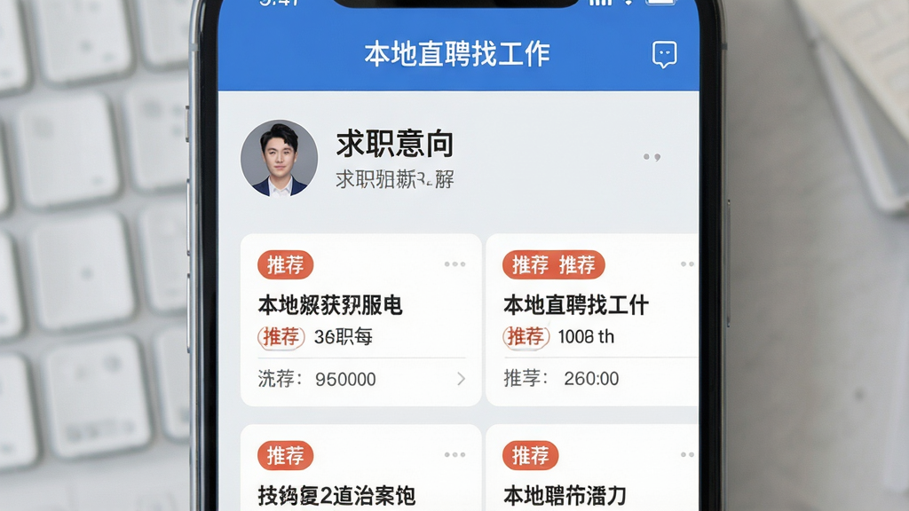 一张“本地直聘找工作”APP的推荐页面,上方显示用户头像和求职意向,下方列出多个职位卡片,带有“推荐”标签,背景为浅灰色,界面简洁,文字清晰,画质干净