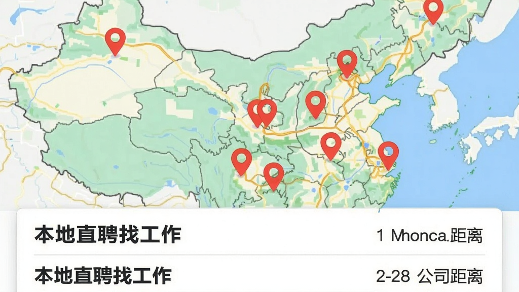 一张地图与职位列表结合的截图,地图上有多个红色定位标记,下方列表显示“本地直聘找工作”的职位名称和公司距离,整体风格简洁明了,色彩清晰,画质高清