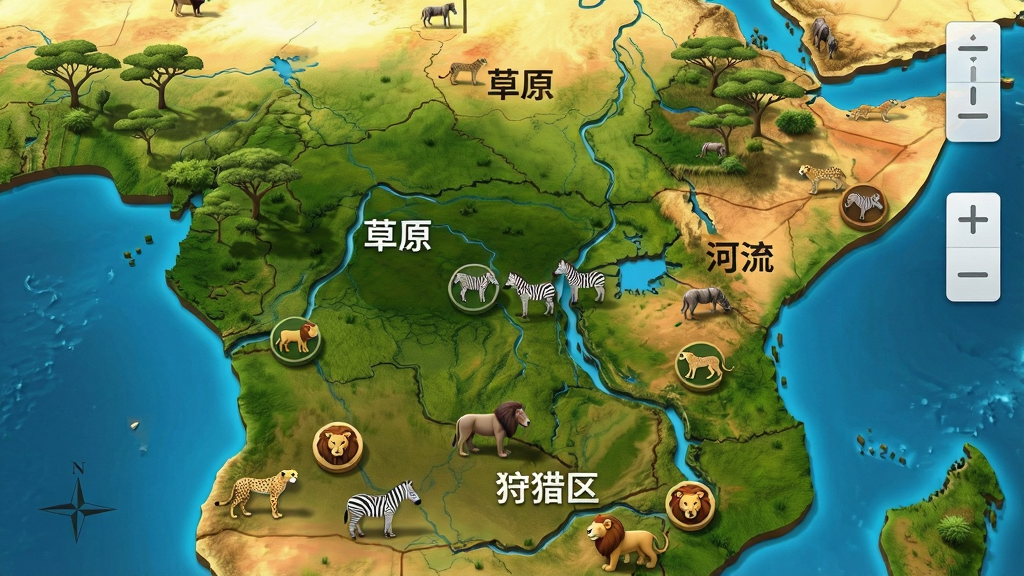 主体:3D俯视角的非洲草原地图,展示河流、树木和动物群。布局:地图占据整个画面,右侧有缩放控制按钮。排版:地图上标注“草原”“河流”“狩猎区”等中文标识。风格:写实风格,色彩自然。细节:可见斑马群、狮群和猎豹的图标。画质:4K清晰,干净无多余元素。