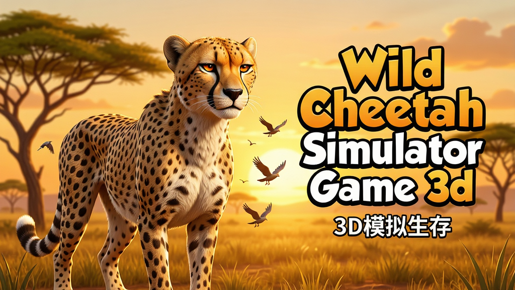 主体:一只健壮的3D猎豹站在非洲草原上,背景是金合欢树和落日余晖。布局:猎豹居中偏左,右侧留白放置游戏标题“Wild Cheetah Simulator Game 3d”。排版:标题使用粗体卡通字体,下方小字“3D模拟生存”。风格:写实与卡通结合,色彩明亮温暖。细节:猎豹皮毛纹理清晰,眼神犀利,周围有少量飞鸟。画质:8K高清,干净无多余元素。