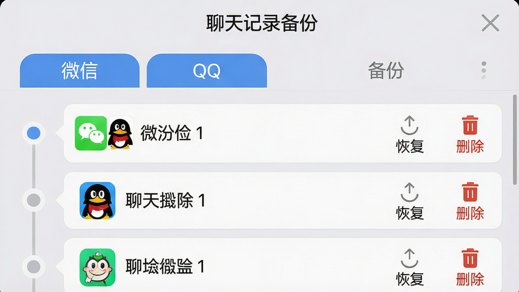 一张智能手机界面截图,显示“聊天记录备份”软件的备份记录列表,列表顶部有“微信”、“QQ”两个分类标签页,下方是时间轴样式的备份文件条目,每个条目右侧有“恢复”和“删除”两个小图标,界面采用卡片式设计,背景为浅灰色,图标色彩鲜明,排版整齐,画质高清,无多余元素。