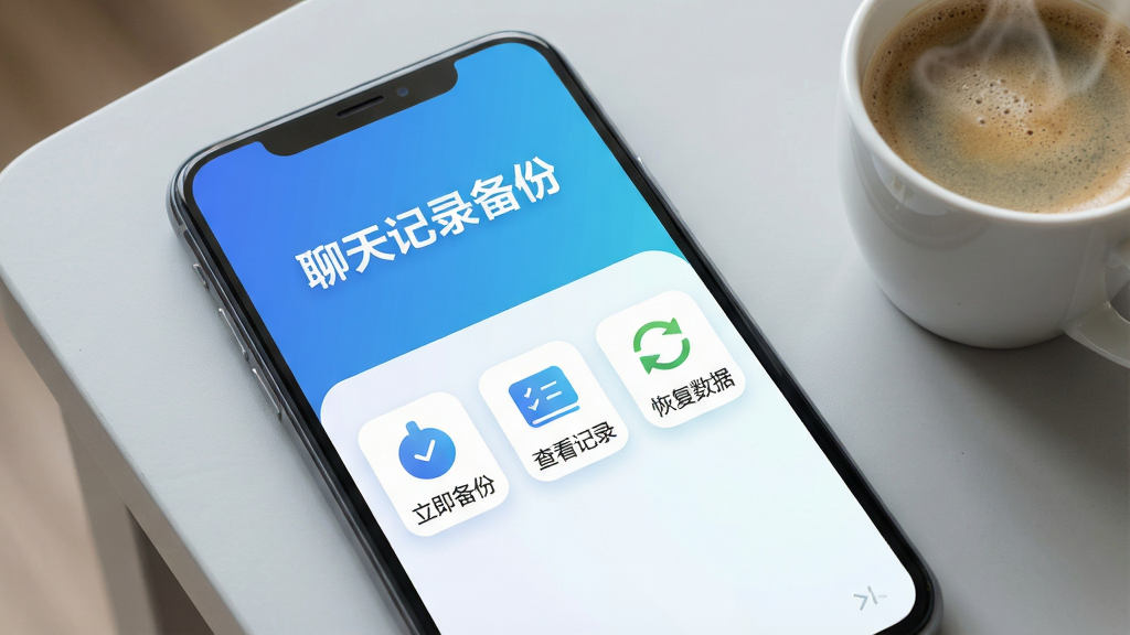 一张智能手机屏幕特写,屏幕中央显示“聊天记录备份”软件的简洁主界面,主界面以蓝白渐变为主色调,上方是软件名称“聊天记录备份”字样,下方排列着“立即备份”、“查看记录”、“恢复数据”三个大图标按钮,手机放置在浅灰色桌面上,旁边有一杯冒着热气的咖啡,整体画面干净明亮,细节清晰,画质高清,无多余元素。