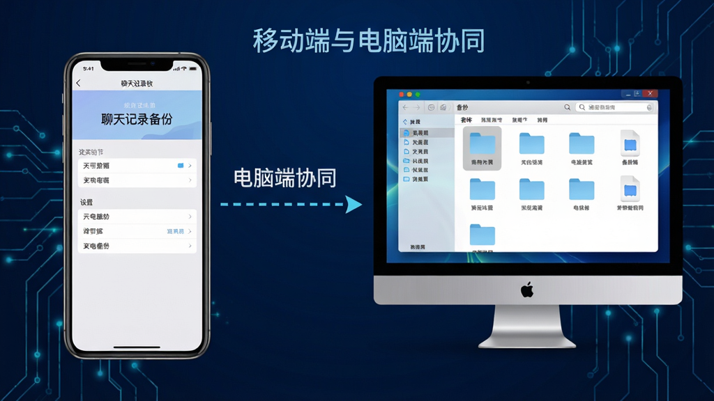 一张分步图解,左侧是手机屏幕显示“聊天记录备份”软件设置界面,右侧是电脑屏幕显示文件管理器中备份文件的图标,中间用虚线箭头连接,配文“移动端与电脑端协同”,整体设计采用科技感线条风格,背景为深蓝色,画质清晰,无多余元素。