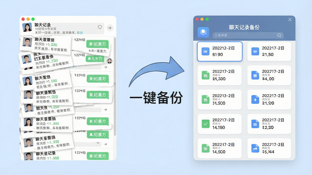 一张对比图,左边是杂乱的聊天记录列表,右边是“聊天记录备份”软件中整齐排列的备份文件列表,文件卡片上带有日期和大小标签,中间用一个弯曲的箭头连接,箭头旁标注“一键备份”四个字,图片风格扁平化,背景为柔和的浅蓝色,布局清晰,画质干净,无多余元素。