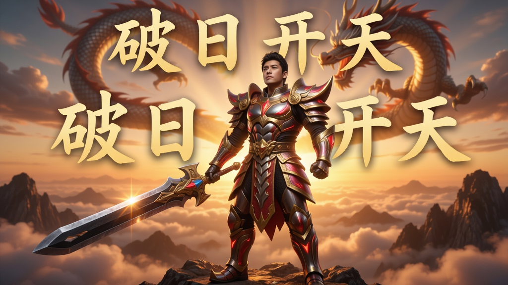画面中央是身着流光溢彩铠甲、手持巨剑的主角,昂首站立于云雾缭绕的山巅,背后是破晓时分的万丈霞光,天空中隐约有巨大神龙盘旋。主体为人物,居中构图,采用写实与玄幻结合的风格,细节刻画铠甲纹理与光影反射,整体色调以金红为主,突显霸气与希望,画质高清,干净无多余元素,画面中带有“破日开天”四个大字。