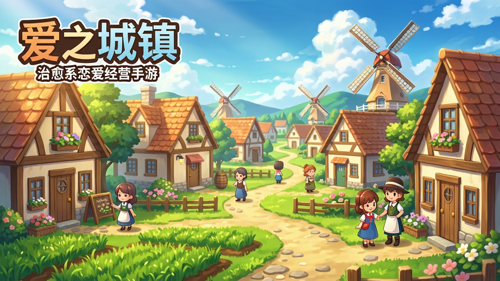 主体:游戏主视觉图,展示《爱之城镇》的田园小镇全景,有温馨的小屋、盛开的花园、远处的风车和蓝天白云。布局:画面中央是小镇全貌,前景为绿油油的农田和一条蜿蜒的小路,两侧是不同风格的建筑,人物角色(主角和几位镇民)在画面中自然互动。排版:游戏Logo“爱之城镇”置于画面左上角,下方配有副标题“治愈系恋爱经营手游”,整体采用清新淡雅的UI风格。风格:日系动画风格,色彩明亮柔和,光影温暖,细节丰富,角色表情生动。细节:屋顶的瓦片、窗台上的花盆、小路上的石子都清晰可见,画面干净整洁,无多余元素。画质:8K超高清,细腻笔触,干净无噪点,无多余元素。