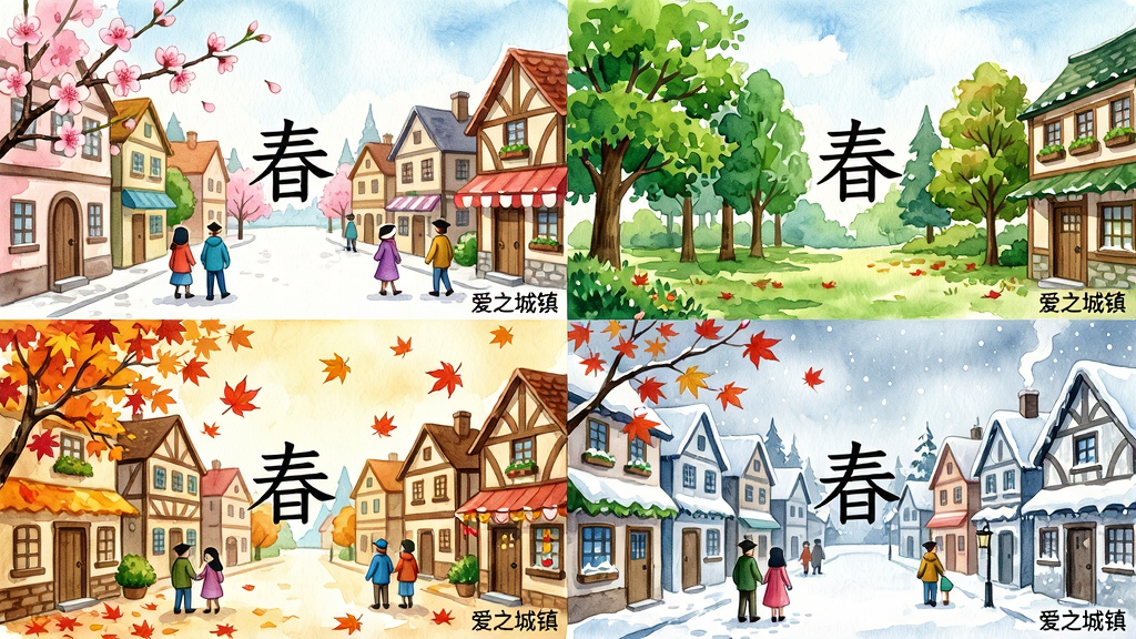 主体:游戏四季对比图,四个画面分别展示春(桃花盛开)、夏(绿树成荫)、秋(枫叶飘落)、冬(银装素裹)的同一小镇场景。布局:四张图以田字格排列,每张图中央有季节名称(如“春”),整体和谐统一。排版:每张图右下角标注小字“爱之城镇”,整体色调协调。风格:清新水彩画风,四季色彩鲜明,细节丰富。细节:每个季节的植被、建筑装饰、人物着装都有明显差异,画面干净无多余元素。画质:高清细腻,色彩自然,干净无噪点。