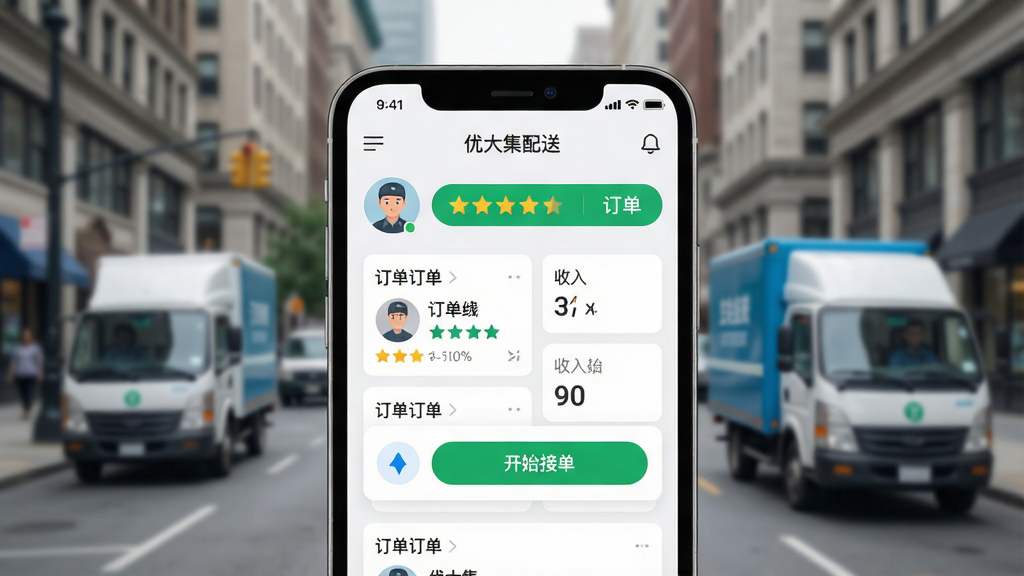 一幅现代简约风格的手机应用宣传图,主体是一部大屏智能手机,屏幕中央显示“优大集配送”App主界面,界面清晰展示订单列表、导航按钮和收入统计卡片,背景为模糊的城市街道和配送货车,布局居中,排版干净,风格写实且明亮,细节包括司机头像、五星好评和“开始接单”绿色按钮,画质高清干净,无多余元素