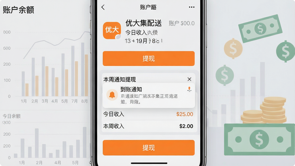 一张手机App钱包界面截图,显示“优大集配送”账户余额、今日收入、本周收入和提现按钮,背景为浅灰色财务图表和现金符号,主体居中,布局清爽,风格简约商务,细节有“提现”橙色按钮和“到账通知”弹窗,画质高清无多余元素