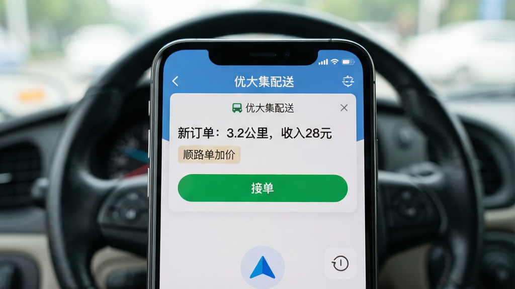 一张手机特写图,屏幕上是“优大集配送”App的订单推送通知,显示“新订单:3.2公里,收入28元”和“顺路单加价”标签,手机背后是模糊的驾驶室和方向盘,主体突出,布局居中,排版简洁,风格写实,细节有绿色接单按钮和蓝色导航箭头,画质干净清晰,无多余元素