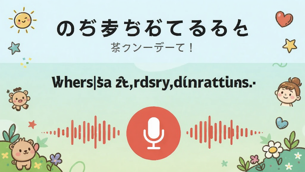 日语英语翻译语音输入界面,底部有红色麦克风按钮,声波动态效果,顶部显示识别出的日文文本,下方为英文翻译结果,整体色调清新,卡通插画风格,细节丰富,画质清晰,无多余元素