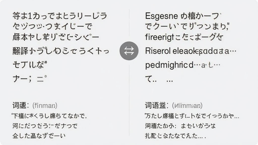 日语英语翻译应用内翻译对比界面,左侧日语原文,右侧英语译文,中间有双向箭头图标,下方展示词语释义和例句,背景为浅灰色,排版规整,风格简洁,画质干净,无多余元素