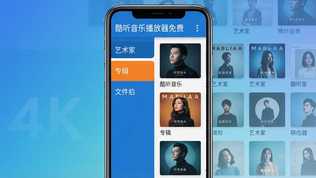 主体:手机屏幕展示“酷听音乐播放器免费”的歌曲分类界面,左侧边栏显示艺术家、专辑、文件夹等分类标签,右侧是专辑封面网格;布局:手机竖屏居中,界面元素整齐排列,背景为渐变色;排版:分类标签清晰,专辑封面大小统一,文字标签易读;风格:简约商务风,蓝白配色,辅以橙色高亮当前选中项;细节:屏幕顶部显示“酷听音乐播放器免费”字样,专辑封面有各种风格的音乐图片;画质:4K高清渲染,画面干净,无多余元素。
